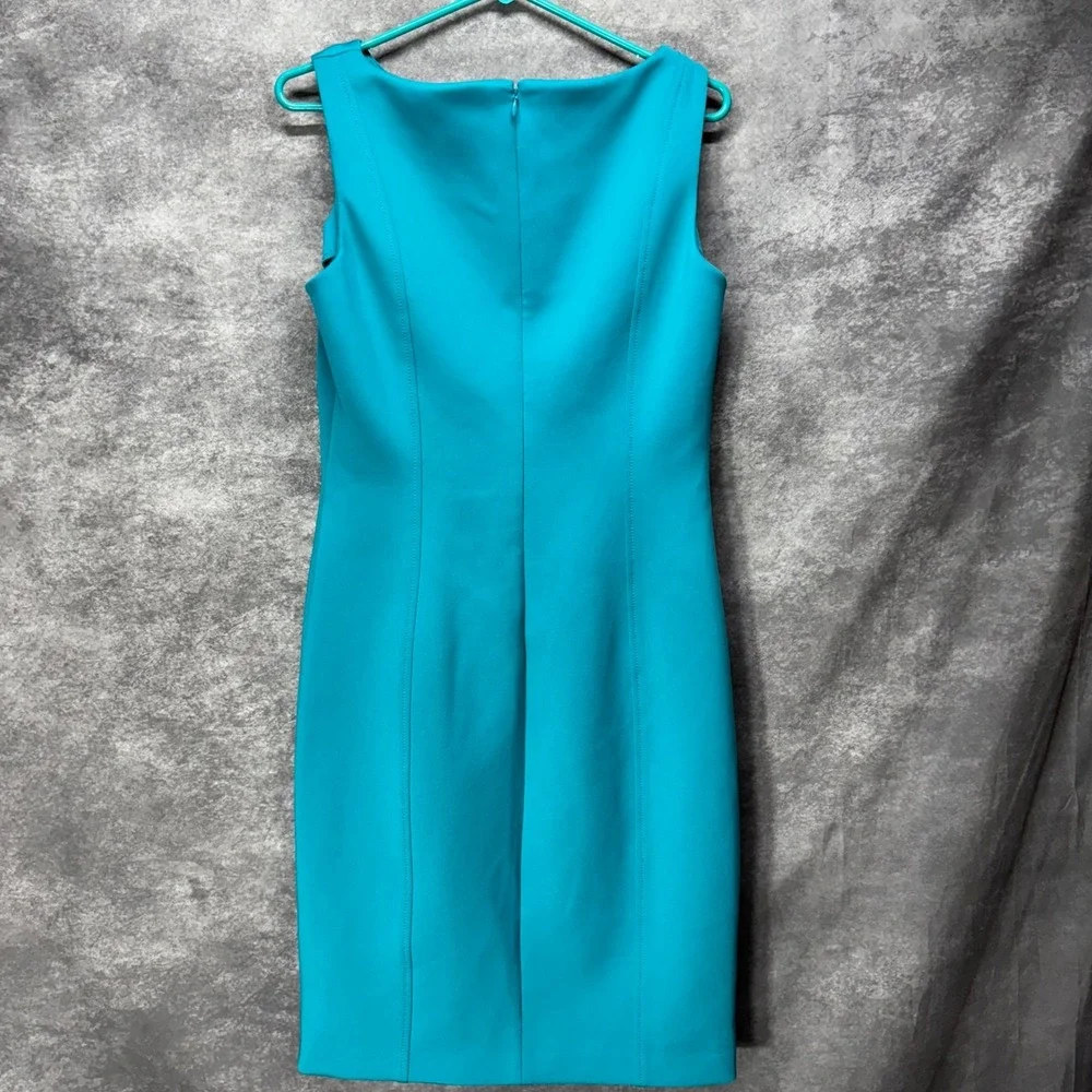 Calvin Klein Scuba Knit Sheath Dress Size 10 Teal Blue Buckle Cut Out Career - Picture 5 of 7